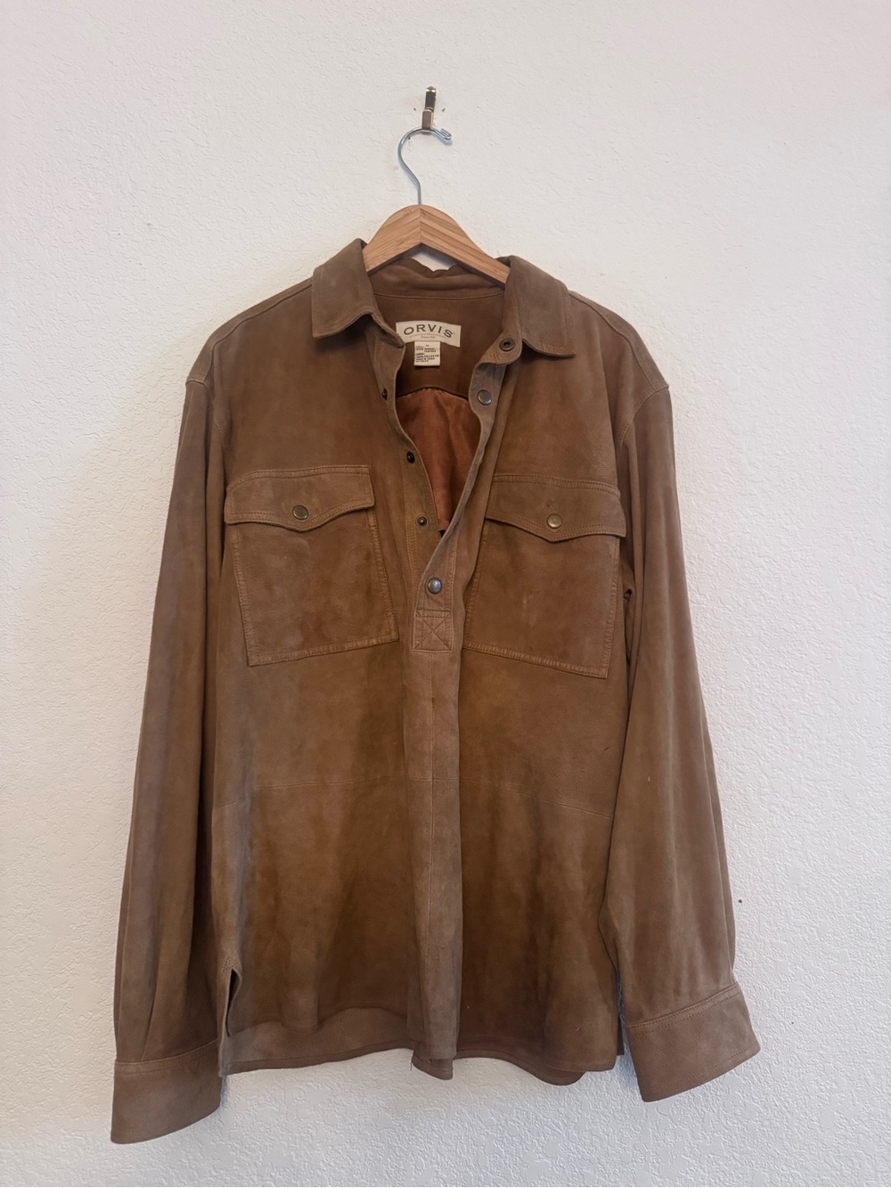 Orvis Men's Brown Suede Pullover Shirt Jacket - Chest Pocket Detail